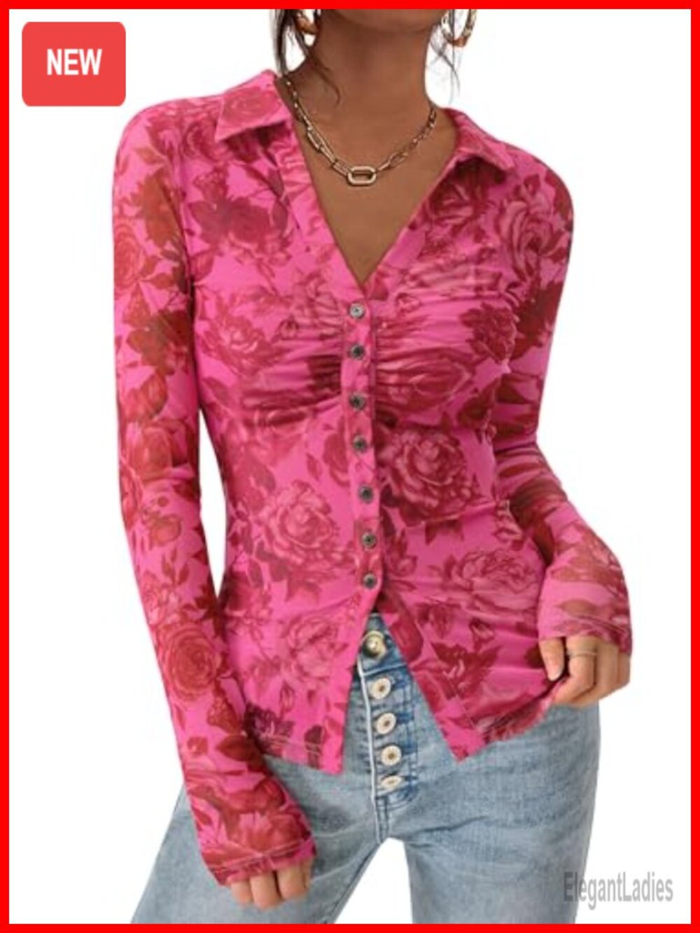 Women's Floral Mesh Button Down Shirt Long Sleeve Blouse